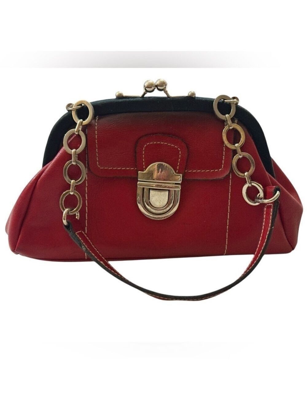 Red Leather Kiss Lock Doctor Bag Rockabilly Punk Chain Frame Handbag